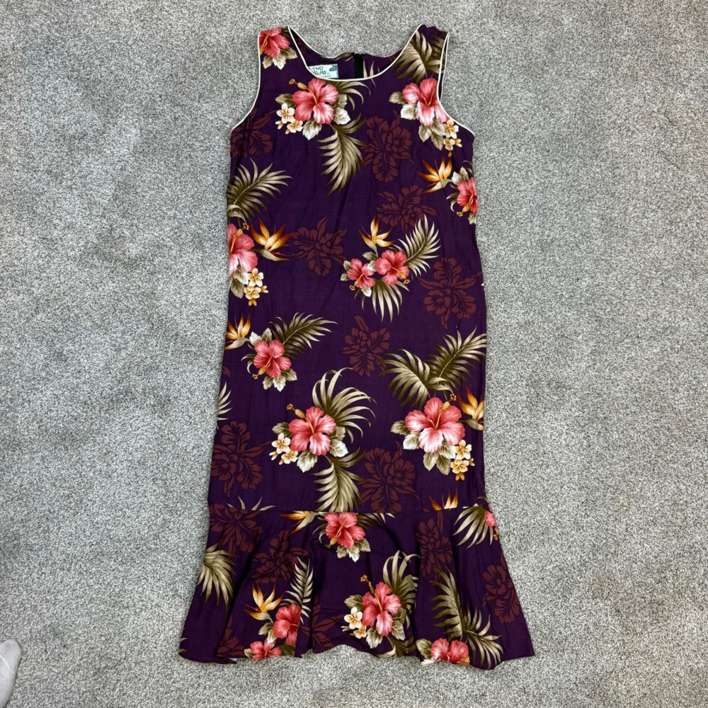 Two Palms Hawaii Purple Floral Hibiscus Ruffle Hem Rayon Midi Dress Womens M
